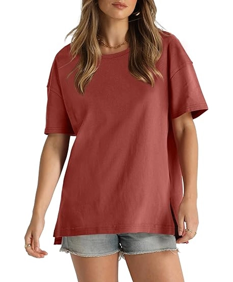 WIHOLL Cotton Tshirts for Women Short Sleeve Tops Loose Fit Basic Tees Split Hem